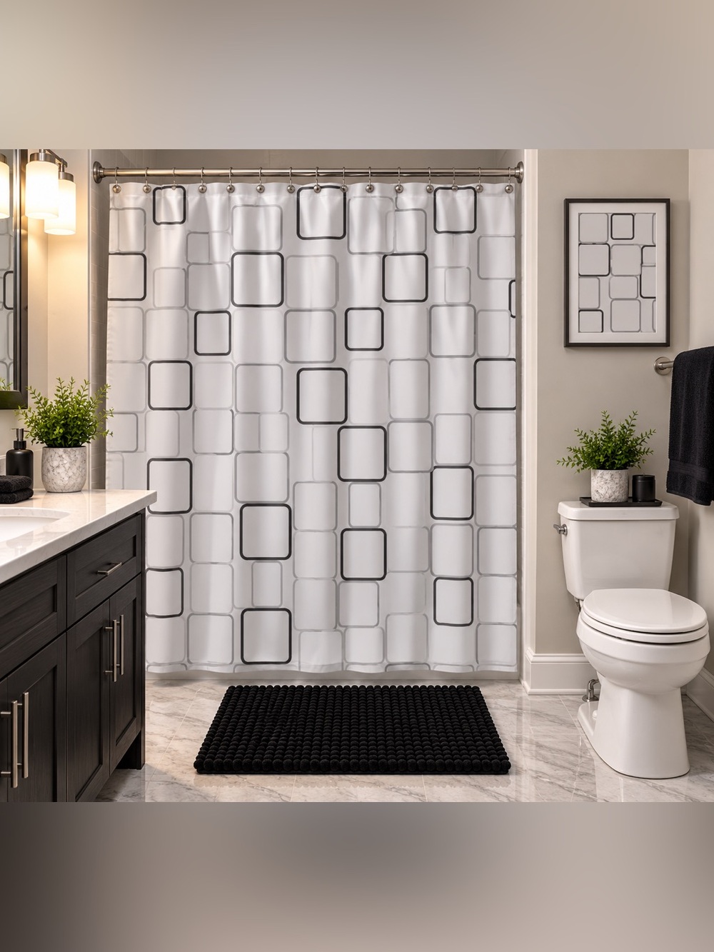 Modern Gray & Black Geometric Shower Curtain - Neutral Home Bath